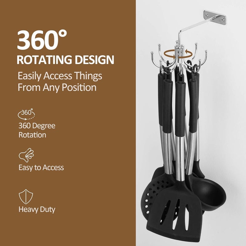 ZEDODIER Kitchen Cooking Utensil Holder, 360° Rotating Kitchen Hooks for Hanging Utensils, Heavy Duty Metal Utensil Rack with 8 Storage Capacity for Utensil, Towel, Pot, Glove, Aprons, Silver - Image 3